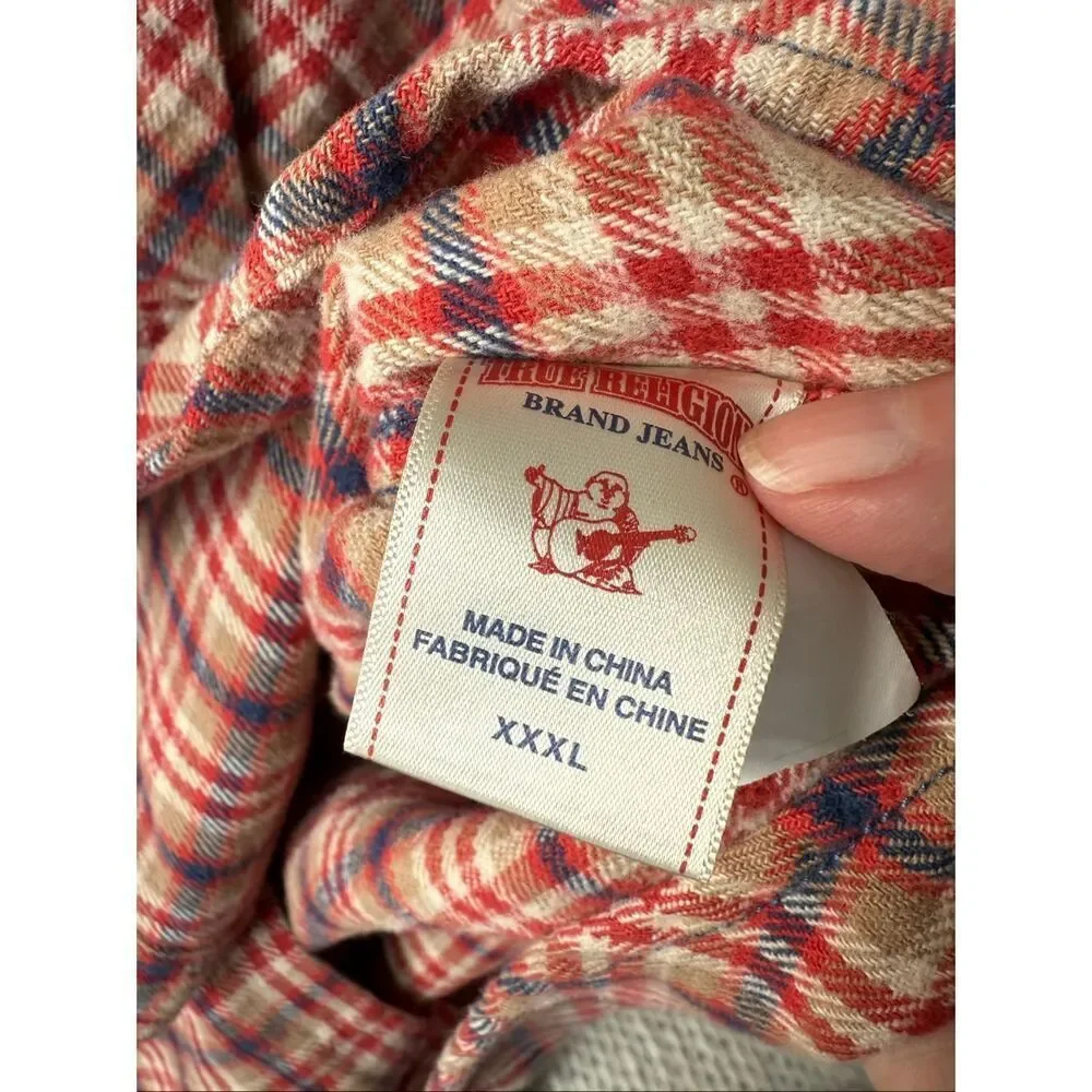 True Religion Red Tan Blue Plaid Flannel Button Shirt XXXL